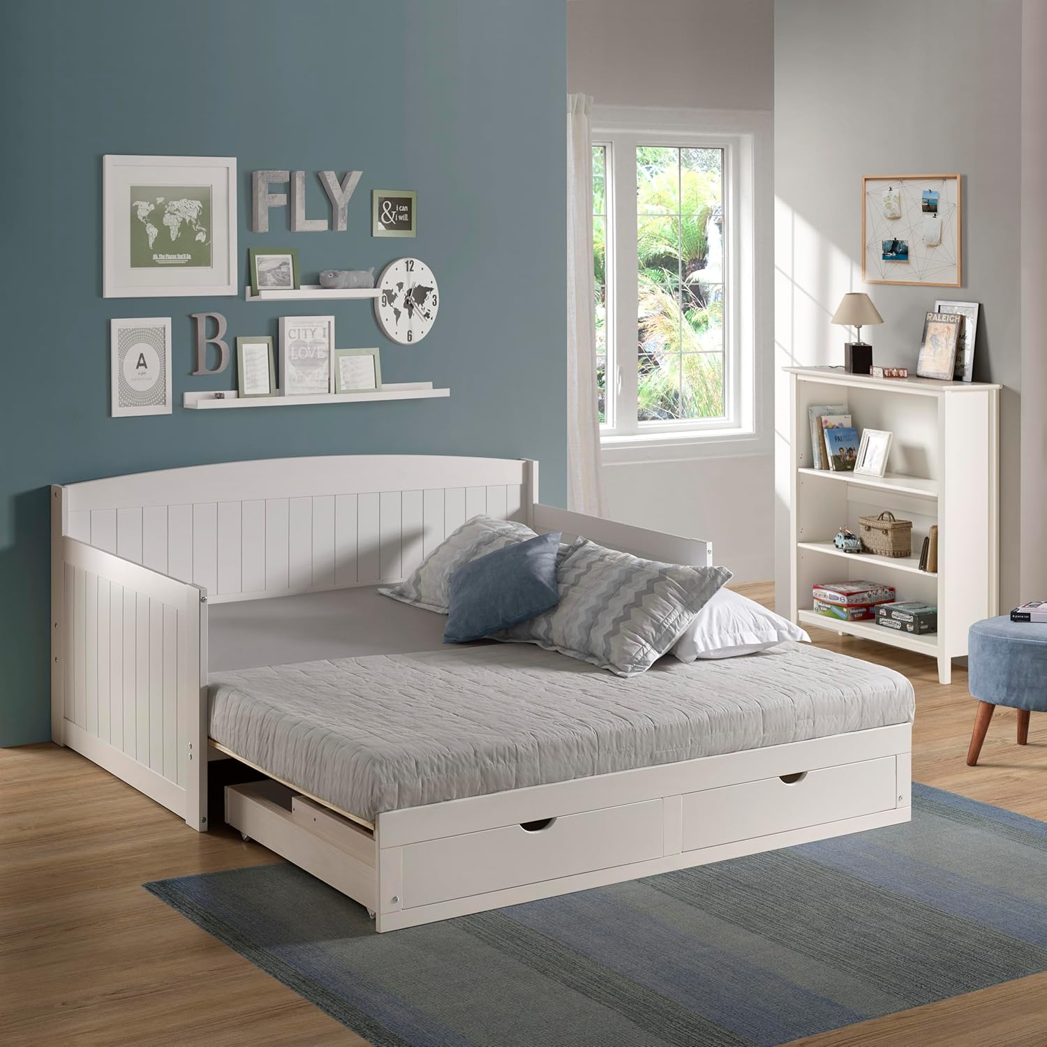 Harmony Wood Daybed, Single, White Brazilian Pine Trundle Bed for Sleepovers with Kids, 2 Pull-Out Drawers, 440 lbs Weight Capacity, Twin-Size Bed, Modern, Sturdy, Durable - Grand Goldman