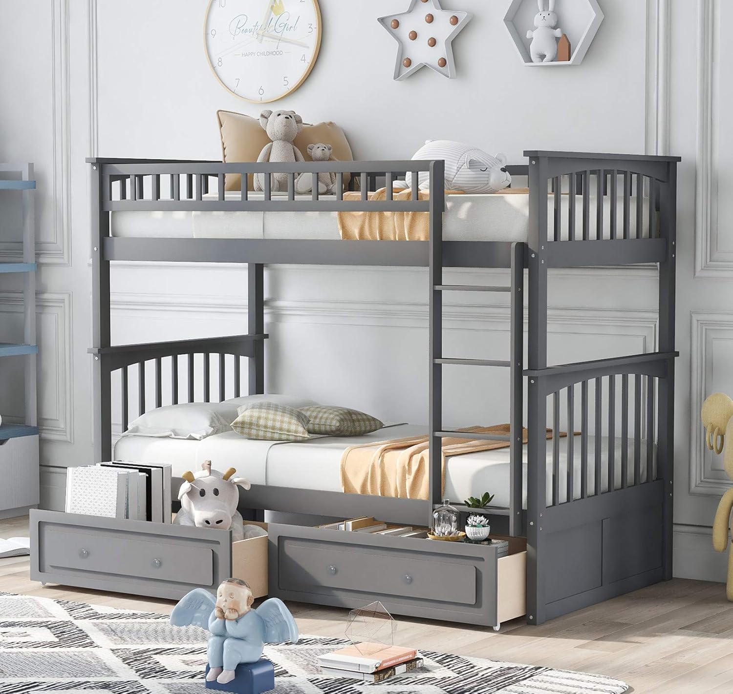 Harper & Bright Convertible Wood Twin-Over-Twin Bunk Bed with Storage Drawers and Ladder - Can Be Divided Into Two Daybeds (White) - Grand Goldman