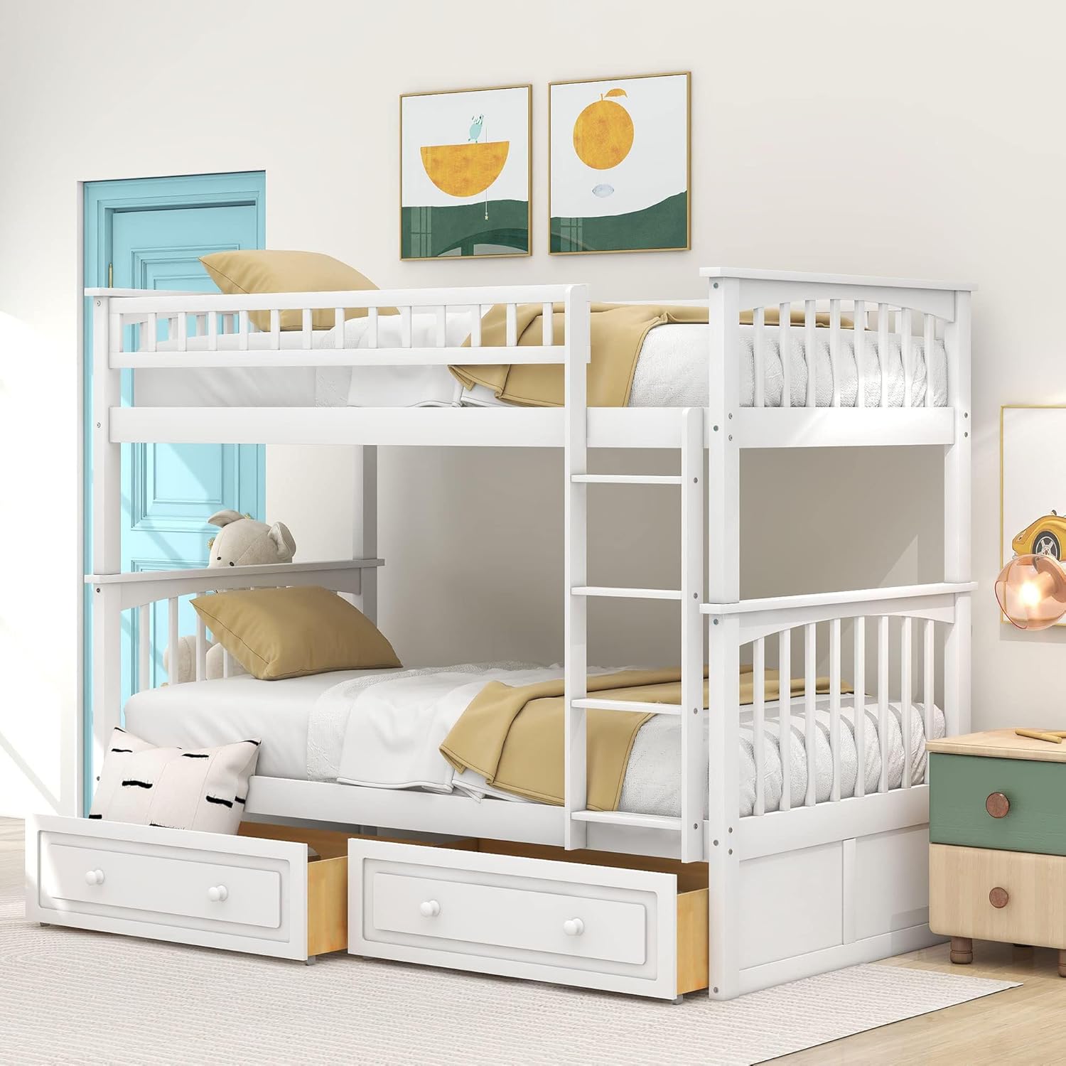 Harper & Bright Convertible Wood Twin-Over-Twin Bunk Bed with Storage Drawers and Ladder - Can Be Divided Into Two Daybeds (White) - Grand Goldman