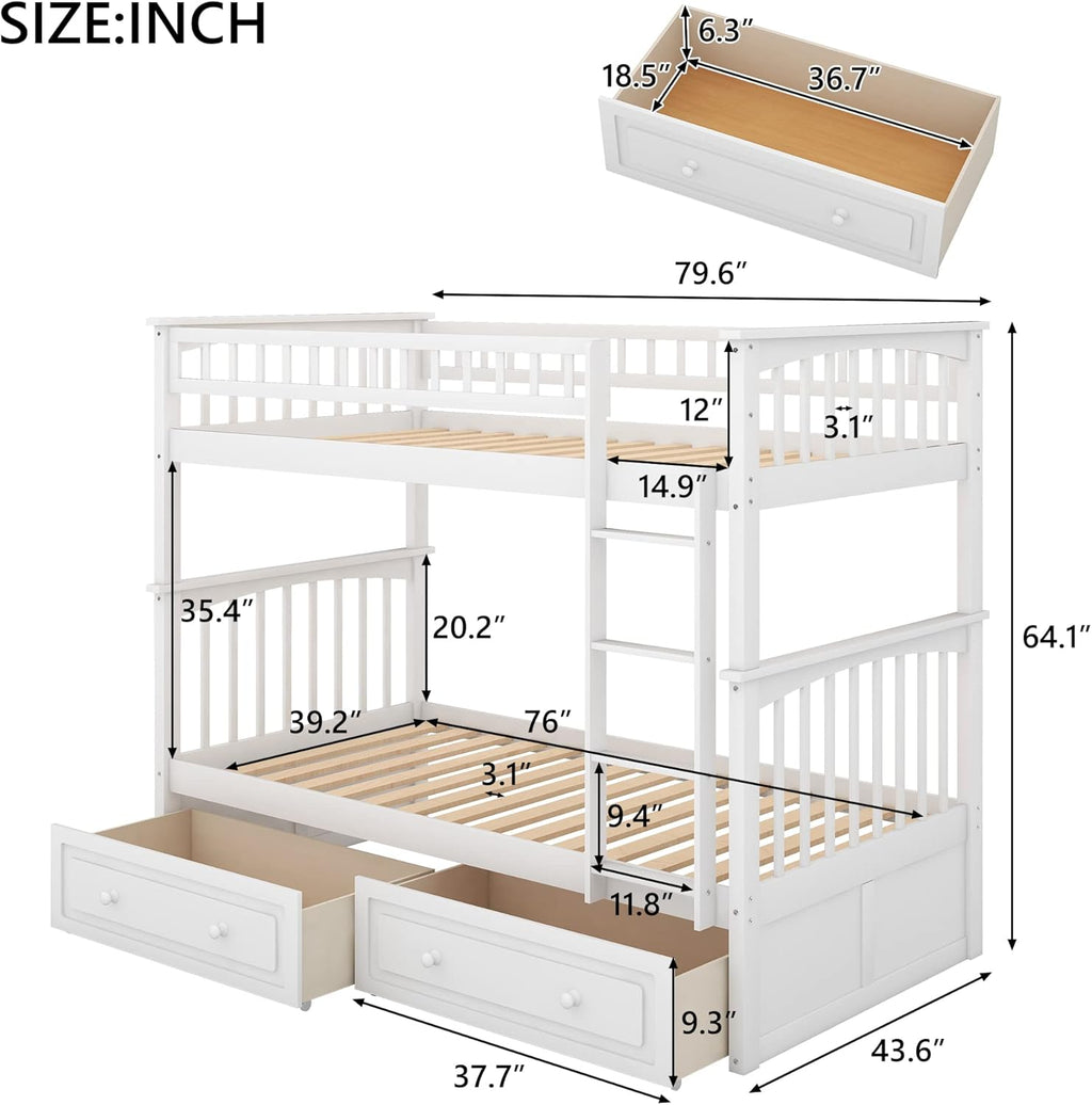Harper & Bright Convertible Wood Twin-Over-Twin Bunk Bed with Storage Drawers and Ladder - Can Be Divided Into Two Daybeds (White) - Grand Goldman