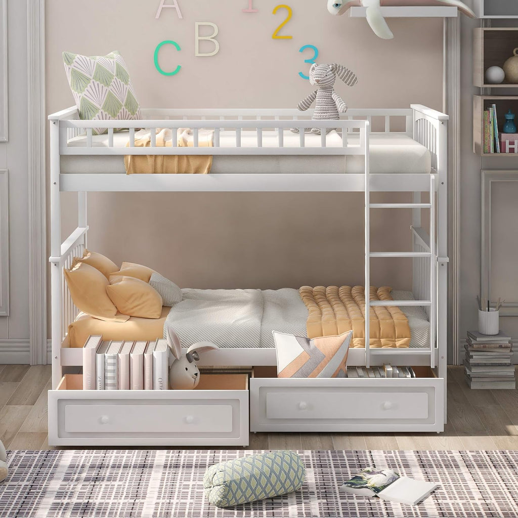 Harper & Bright Convertible Wood Twin-Over-Twin Bunk Bed with Storage Drawers and Ladder - Can Be Divided Into Two Daybeds (White) - Grand Goldman
