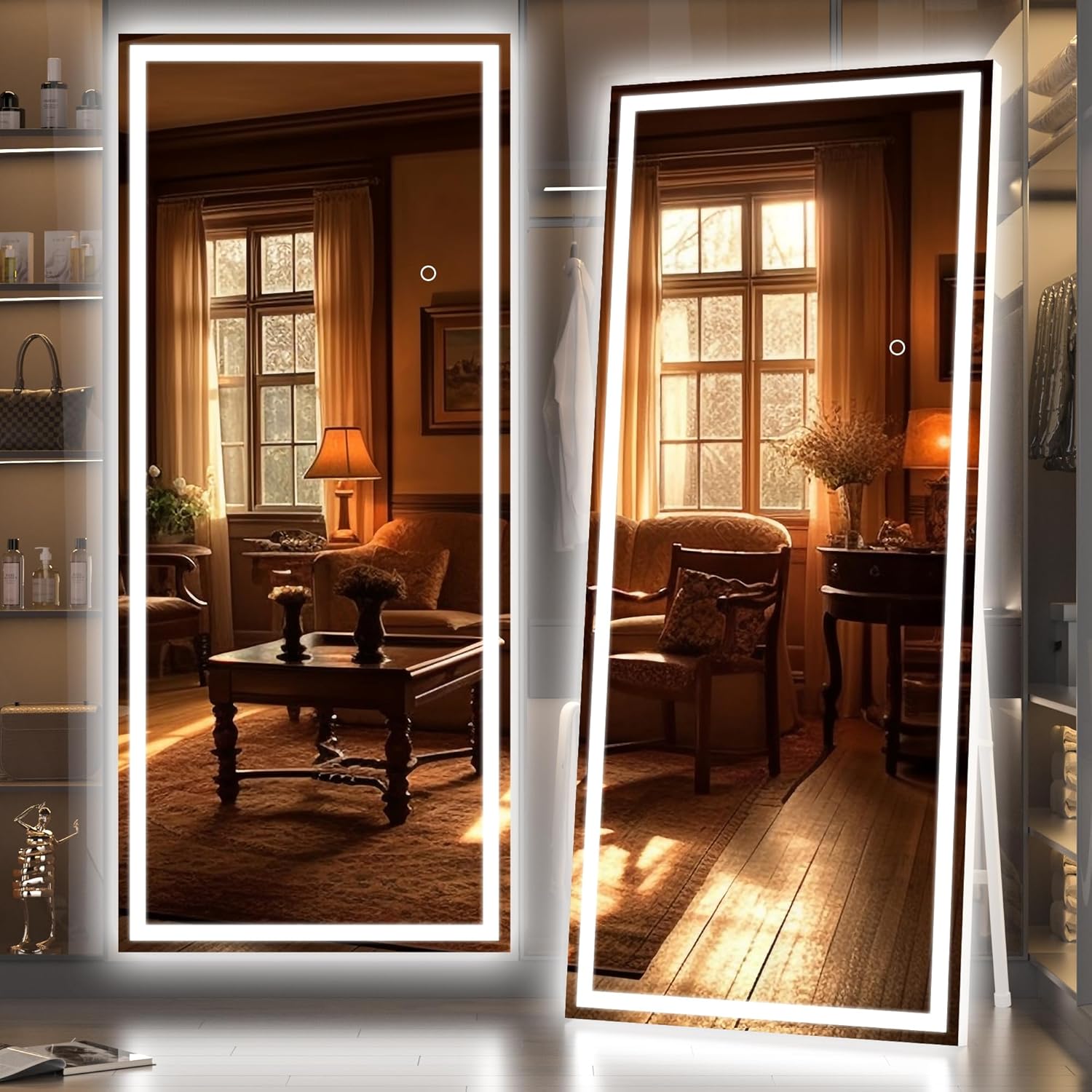 Hasipu Full Length Mirror with Lights, 56" x 16" LED Floor Mirror, Full Body Dressing Standing Mirror, Hanging Mounted Mirror for Living Room Bedroom Cloakroom, Round Black - Grand Goldman