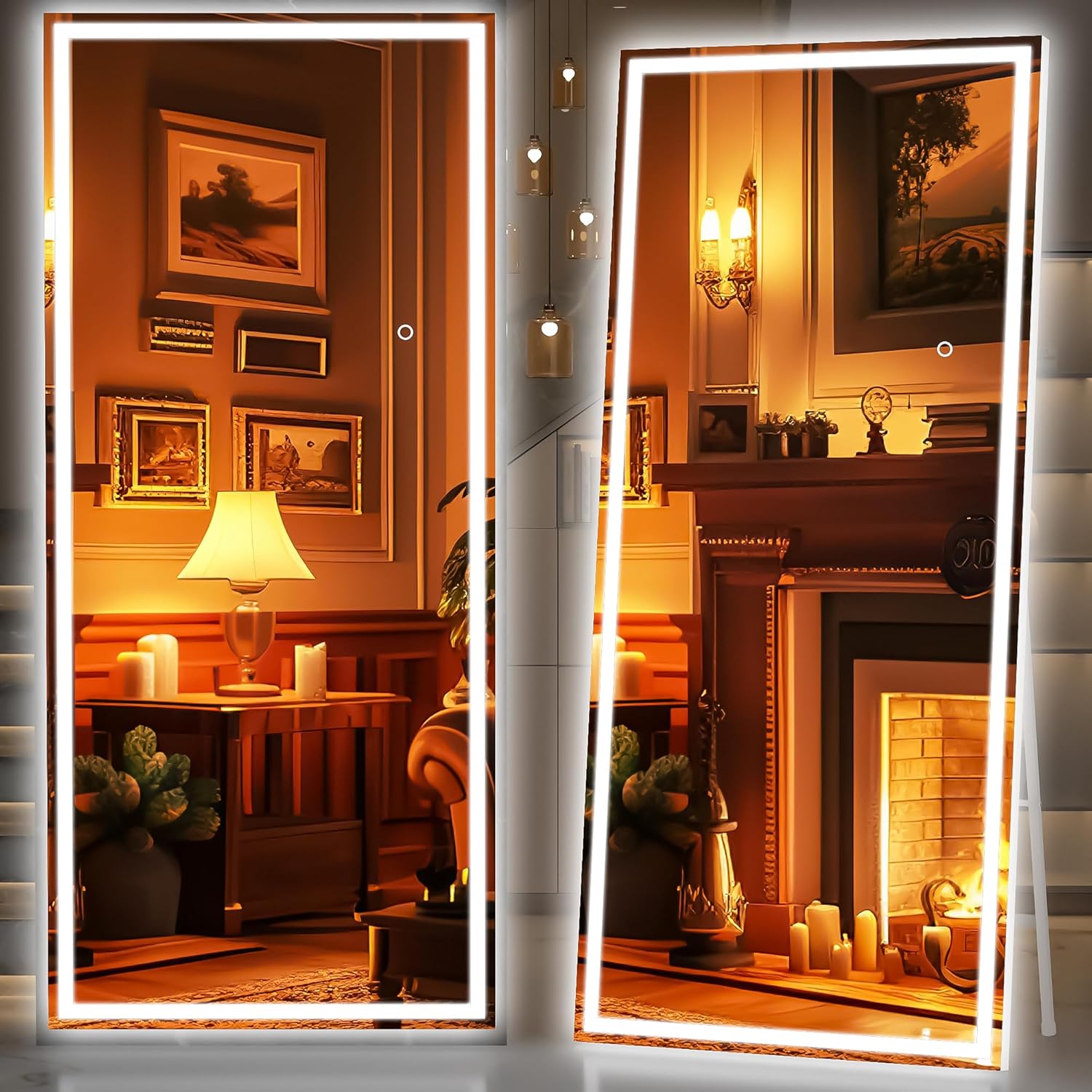 Hasipu Full Length Mirror with Lights, 56" x 16" LED Floor Mirror, Full Body Dressing Standing Mirror, Hanging Mounted Mirror for Living Room Bedroom Cloakroom, Round Black - Grand Goldman