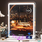 Hasipu Vanity Mirror with Lights, 24.2" x 18.9" LED Make up Mirror, Light up Mirror with 10X Magnification and USB Charging Port, Phone Holder, Smart Touch 3 Colors Dimmable, 360° Rotation (White) - Grand Goldman