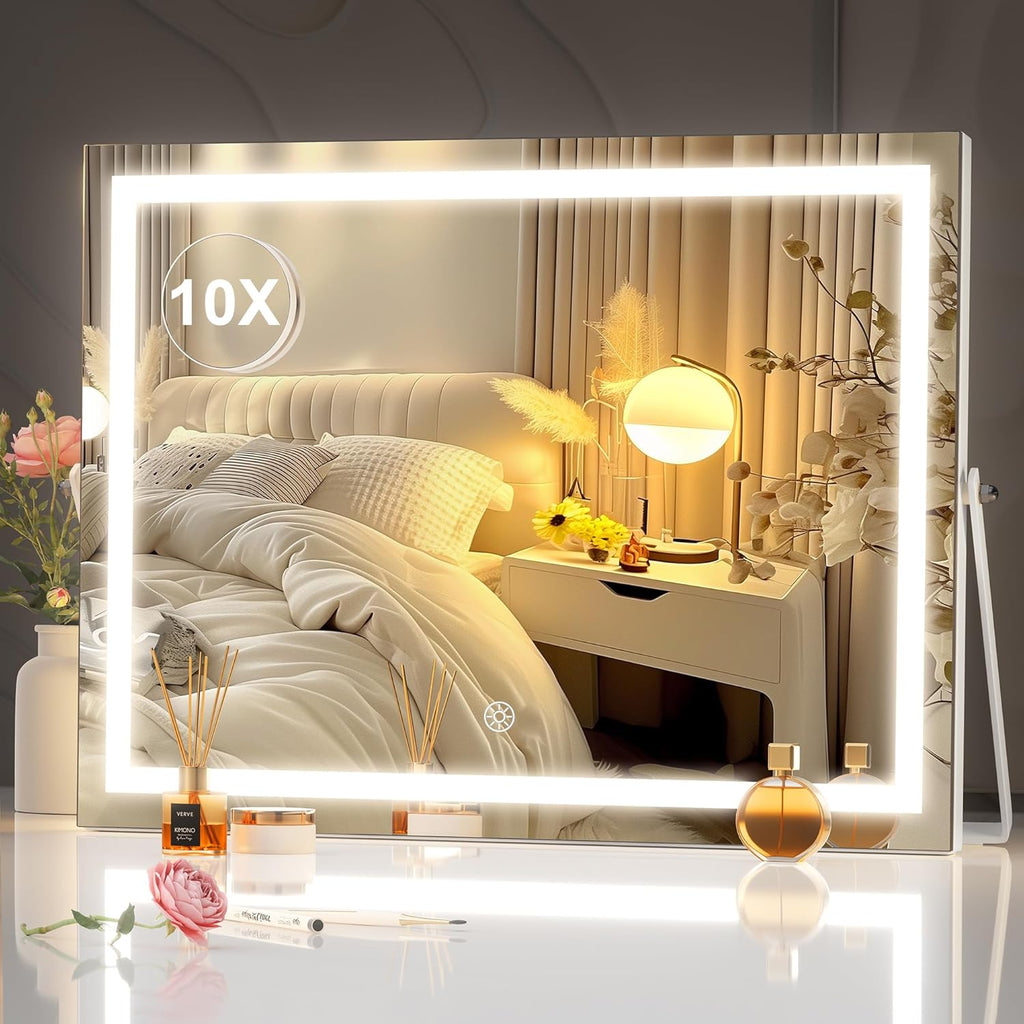 Hasipu Vanity Mirror with Lights, 24.2" x 18.9" LED Make up Mirror, Light up Mirror with 10X Magnification and USB Charging Port, Phone Holder, Smart Touch 3 Colors Dimmable, 360° Rotation (White) - Grand Goldman