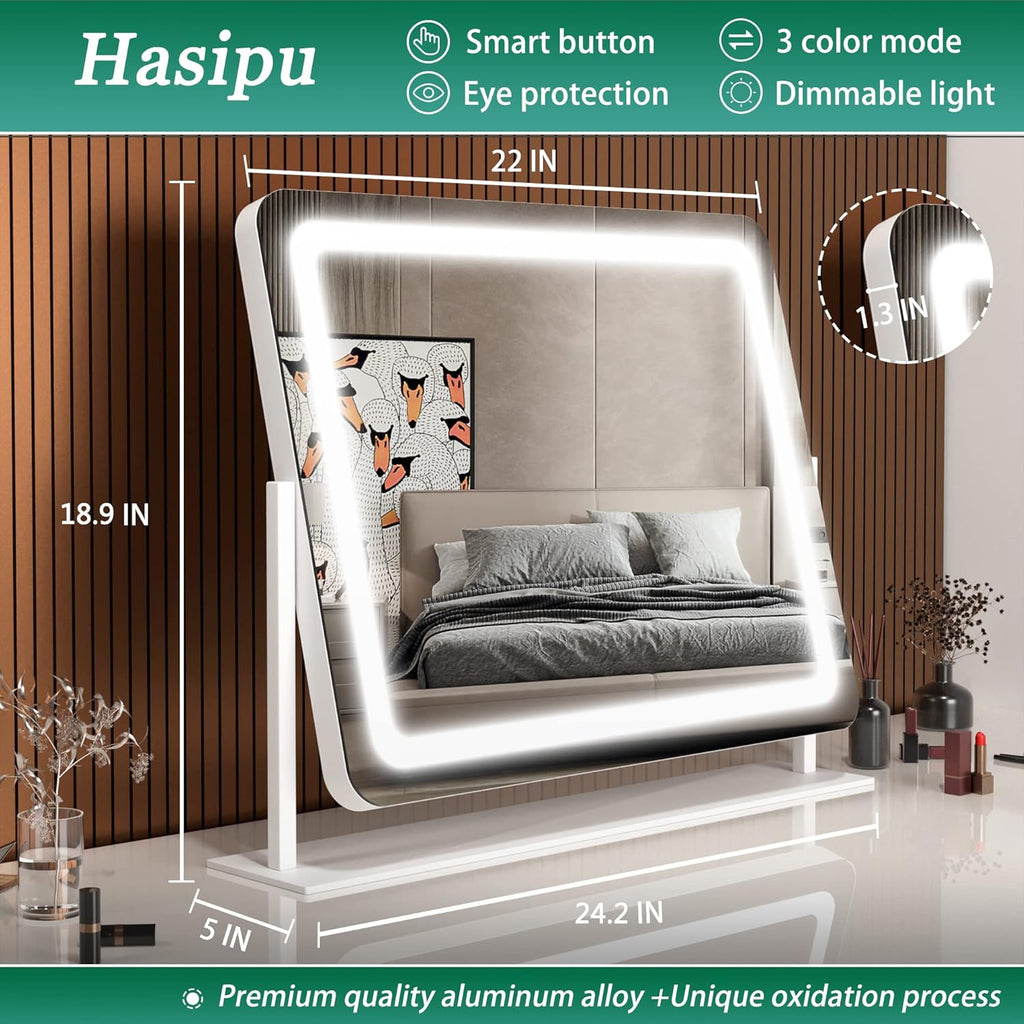 Hasipu Vanity Mirror with Lights, 24.2" x 18.9" LED Make up Mirror, Light up Mirror with 10X Magnification and USB Charging Port, Phone Holder, Smart Touch 3 Colors Dimmable, 360° Rotation (White) - Grand Goldman