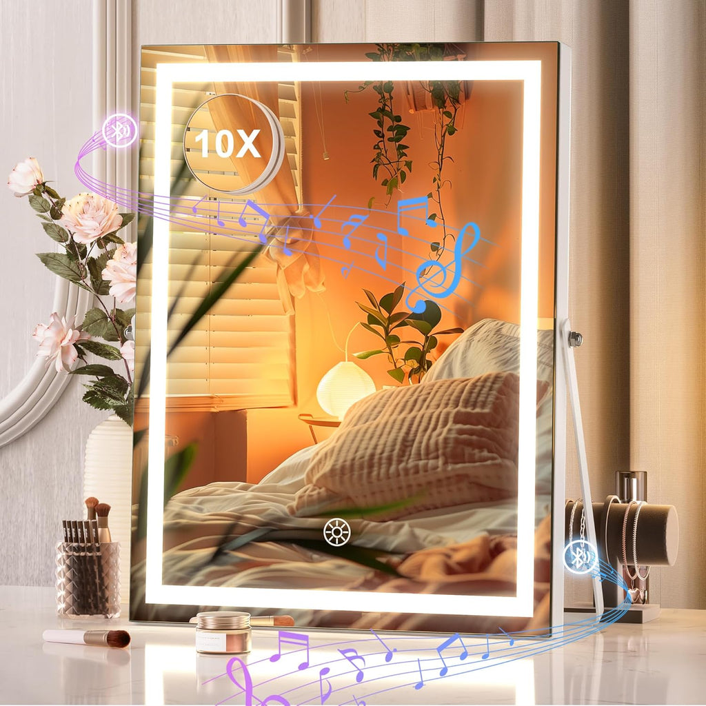 Hasipu Vanity Mirror with Lights, 24.2" x 18.9" LED Make up Mirror, Light up Mirror with 10X Magnification and USB Charging Port, Phone Holder, Smart Touch 3 Colors Dimmable, 360° Rotation (White) - Grand Goldman