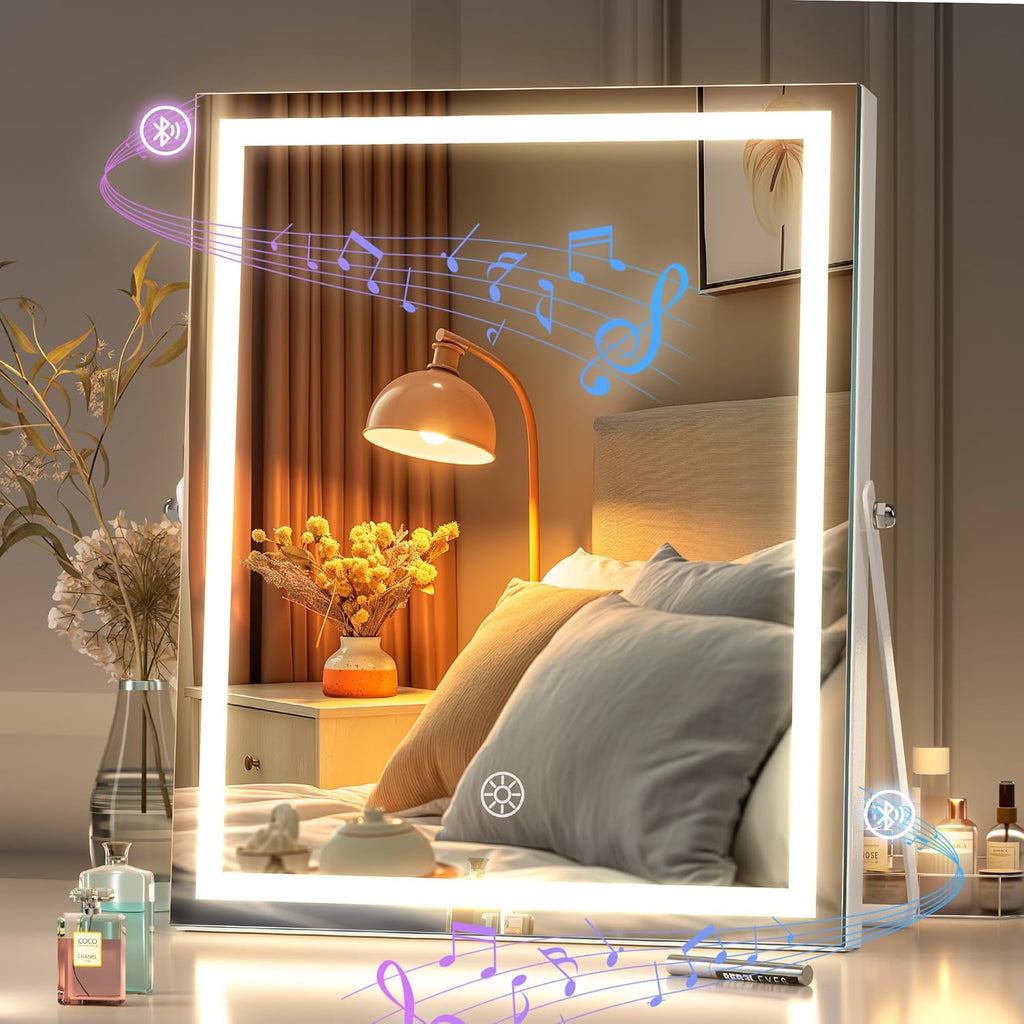 Hasipu Vanity Mirror with Lights, 24.2" x 18.9" LED Make up Mirror, Light up Mirror with 10X Magnification and USB Charging Port, Phone Holder, Smart Touch 3 Colors Dimmable, 360° Rotation (White) - Grand Goldman