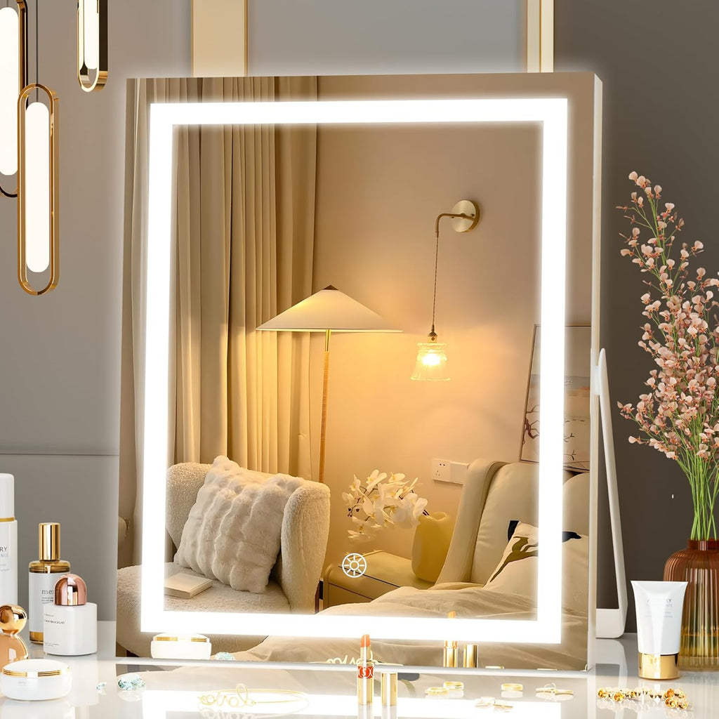 Hasipu Vanity Mirror with Lights, 24.2" x 18.9" LED Make up Mirror, Light up Mirror with 10X Magnification and USB Charging Port, Phone Holder, Smart Touch 3 Colors Dimmable, 360° Rotation (White) - Grand Goldman