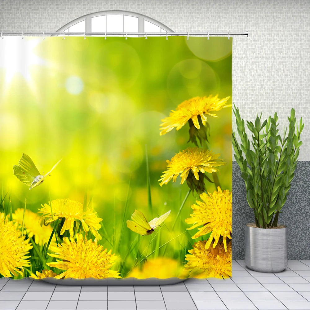 ست پرده دوش پروانه گل بهاری رنگارنگ با طرح گل‌های گیاهی، لاله، رز، بابونه برای دکور حمام، پارچه پلی‌استر