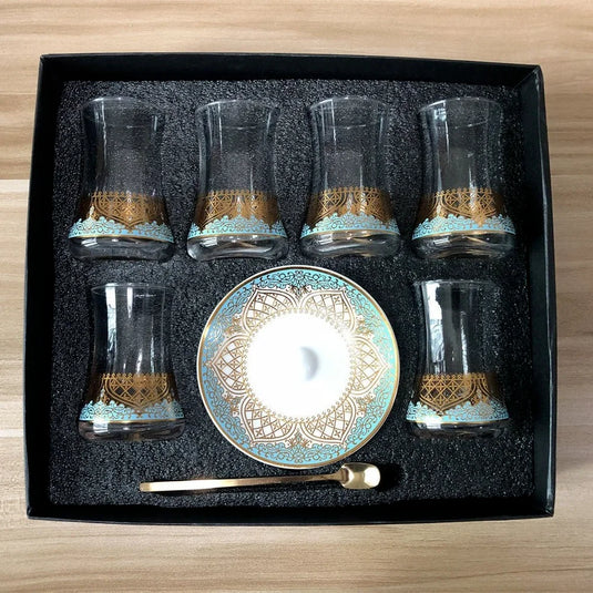 Elegant 6 Sets Turkish Tea Glasses Cups Saucers with Spoons Heat-Resistant Glass Romantic Exotic Design Eco-Friendly Ideal Gift Box Kitchen Decoration Perfect Tea Lovers Anniversary Weddings