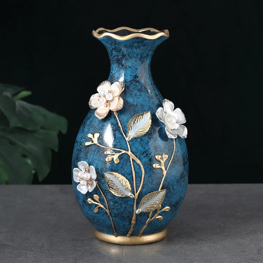 Elegant Ceramic 3D Stereoscopic Vase with Hand-Painted Flowers for Dried Flower Arrangements - Vintage European Style Home Decorations for Living Room and Entrance