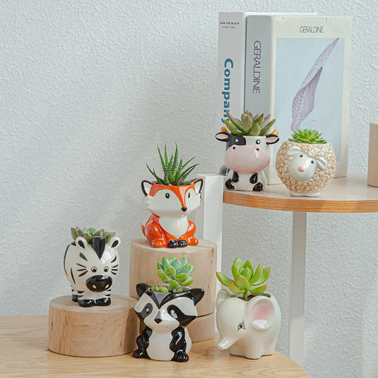 Nordic New Style Porcelain Ceramic Figurine Animal Flower Pot Cartoon Zebra Sheep Cow Head Mini Pot Succulents Plants Bonsai Pots Home Decoration