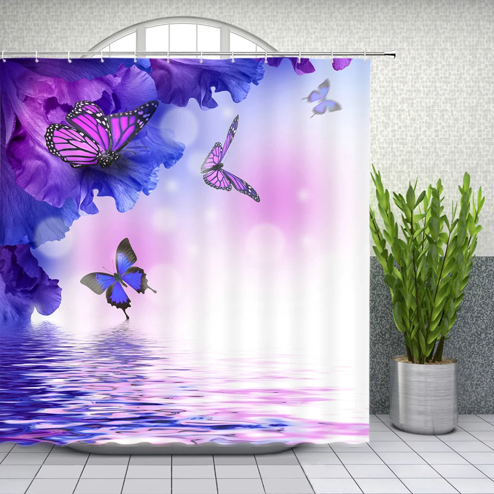ست پرده دوش پروانه گل بهاری رنگارنگ با طرح گل‌های گیاهی، لاله، رز، بابونه برای دکور حمام، پارچه پلی‌استر