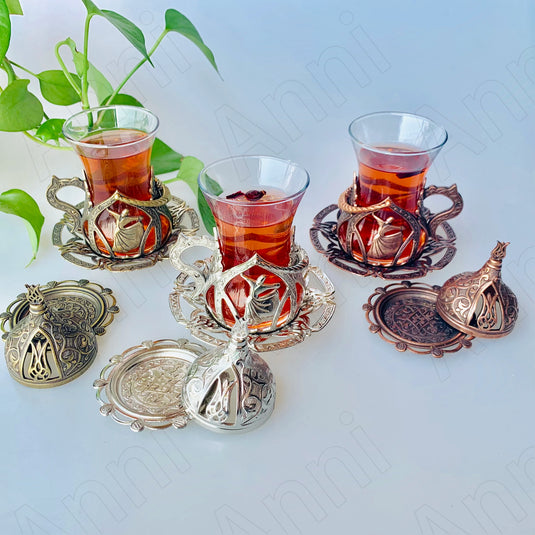 Tulip Hollow Metal Glass Turkish Coffee Cups Classical Court Coffee Mug Glass Cup with Sugar Dish Spoon Set Afternoon Tea Set