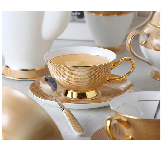 VEGAS Bone China Elegant British European Coffee Cup Set Luxury Porcelain Teatime Pack With Sugar Pot Bowl Creamer Teapot Coffeeware And Gold Textured Cups Saucers Gift for Mother Father Wedding Office Bar Restaurant Cafe and Teahouse