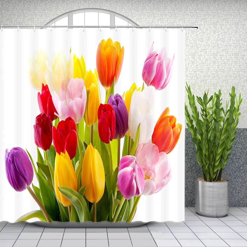 ست پرده دوش پروانه گل بهاری رنگارنگ با طرح گل‌های گیاهی، لاله، رز، بابونه برای دکور حمام، پارچه پلی‌استر