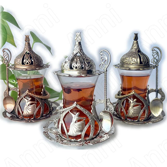 Tulip Hollow Metal Glass Turkish Coffee Cups Classical Court Coffee Mug Glass Cup with Sugar Dish Spoon Set Afternoon Tea Set