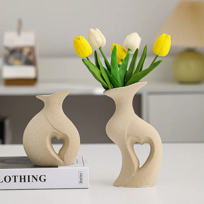 Hear Shaped White/Beige Ceramic Vase Set of 2 for Modern Home Decor Lover Flower Pots Nordic Minimalist Decor - Grand Goldman