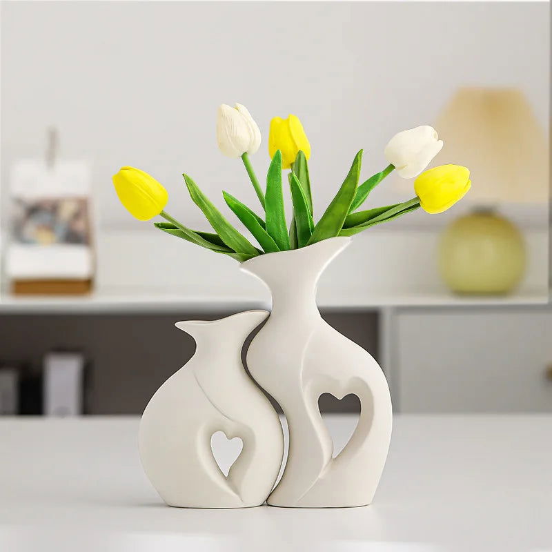 Hear Shaped White/Beige Ceramic Vase Set of 2 for Modern Home Decor Lover Flower Pots Nordic Minimalist Decor - Grand Goldman