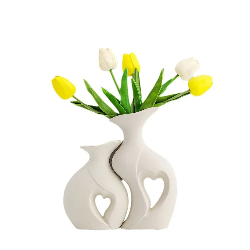 Hear Shaped White/Beige Ceramic Vase Set of 2 for Modern Home Decor Lover Flower Pots Nordic Minimalist Decor - Grand Goldman