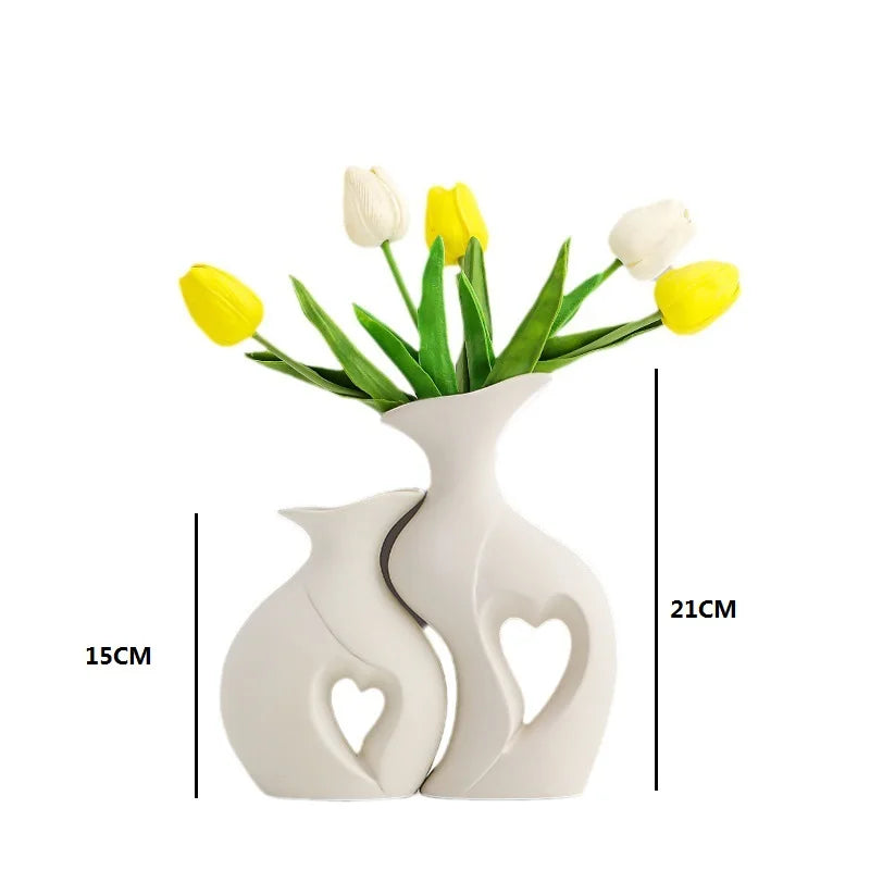 Hear Shaped White/Beige Ceramic Vase Set of 2 for Modern Home Decor Lover Flower Pots Nordic Minimalist Decor - Grand Goldman