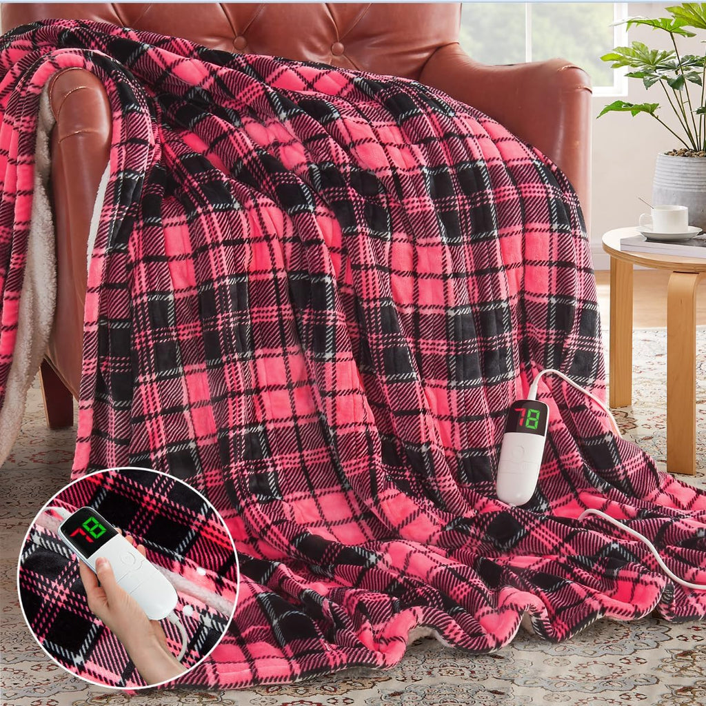 Heated Blanket Electric Throw, 50X60, Heating Throw with 10 Heating Levels/8 Hours Auto Off, Navy Blue Plaid Checkered Sherpa Blanket Warmer for Adults, Washable Blanket Gift for Couch Bed Office, ETL - Grand Goldman