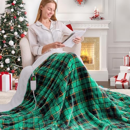 Heated Blanket Electric Throw, 50X60, Heating Throw with 10 Heating Levels/8 Hours Auto Off, Navy Blue Plaid Checkered Sherpa Blanket Warmer for Adults, Washable Blanket Gift for Couch Bed Office, ETL - Grand Goldman