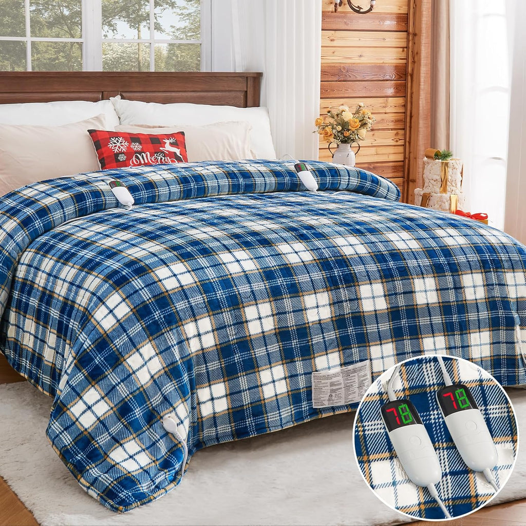Heated Blanket Electric Throw, 50X60, Heating Throw with 10 Heating Levels/8 Hours Auto Off, Navy Blue Plaid Checkered Sherpa Blanket Warmer for Adults, Washable Blanket Gift for Couch Bed Office, ETL - Grand Goldman