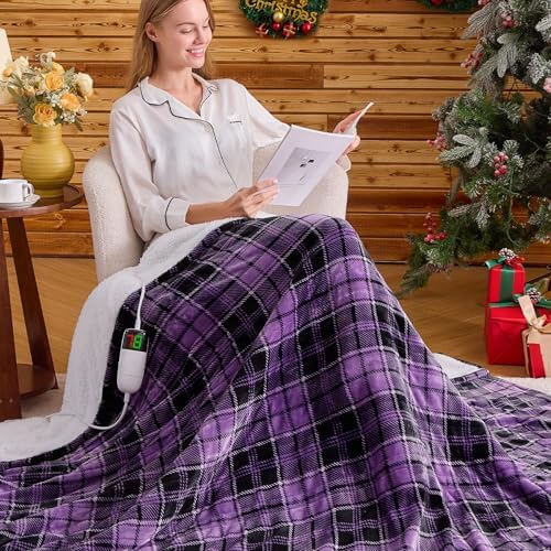 Heated Blanket Electric Throw, 50X60, Heating Throw with 10 Heating Levels/8 Hours Auto Off, Navy Blue Plaid Checkered Sherpa Blanket Warmer for Adults, Washable Blanket Gift for Couch Bed Office, ETL - Grand Goldman