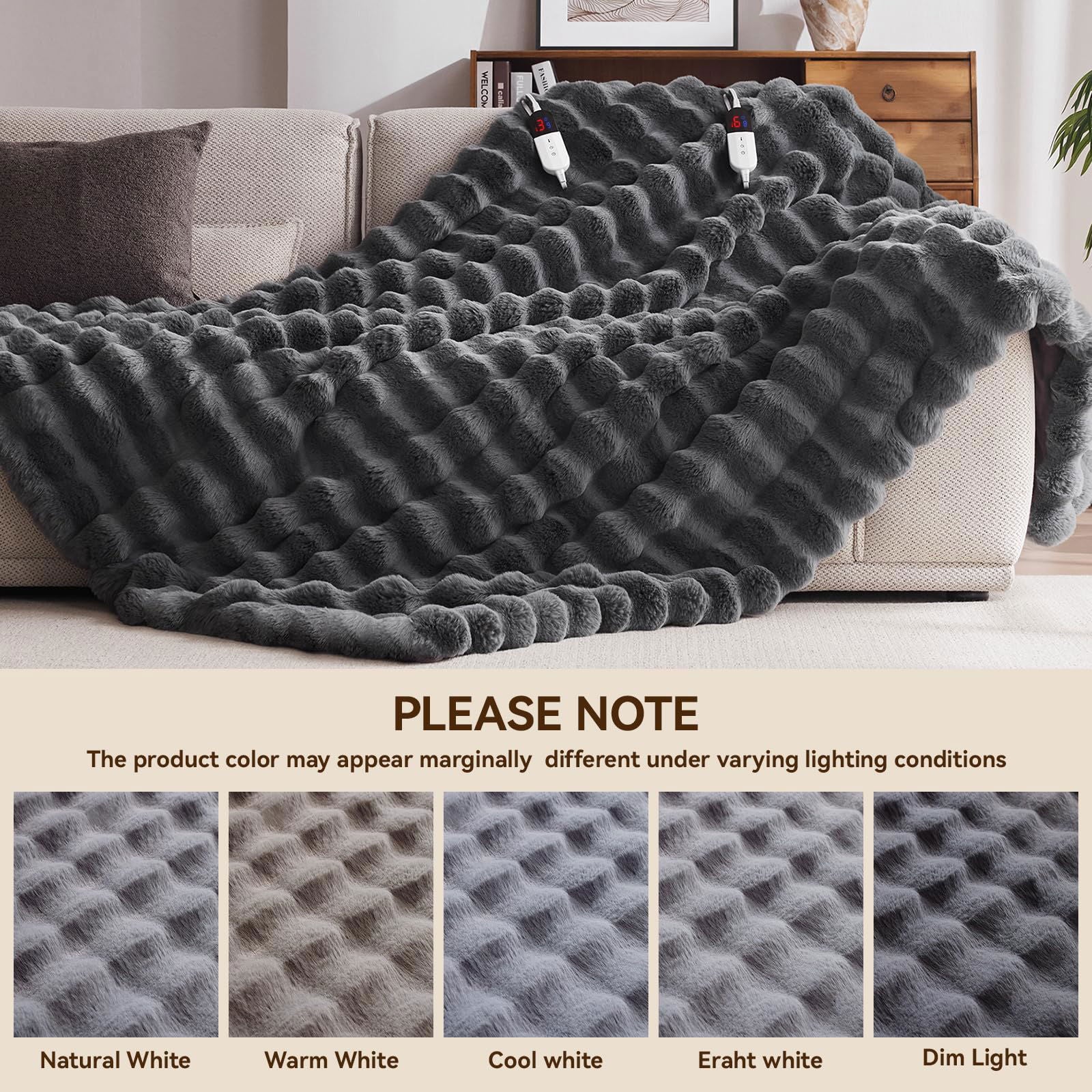 Heated Blanket Throw with 4 Hours Auto-Off 6 Heat Level, 50'' * 60'' Cozy Faux Rabbit Fur Bubble Electric Blanket with Overheat Protection, Soft Fast Heating Blanket with ETL (Dark Grey) - Grand Goldman