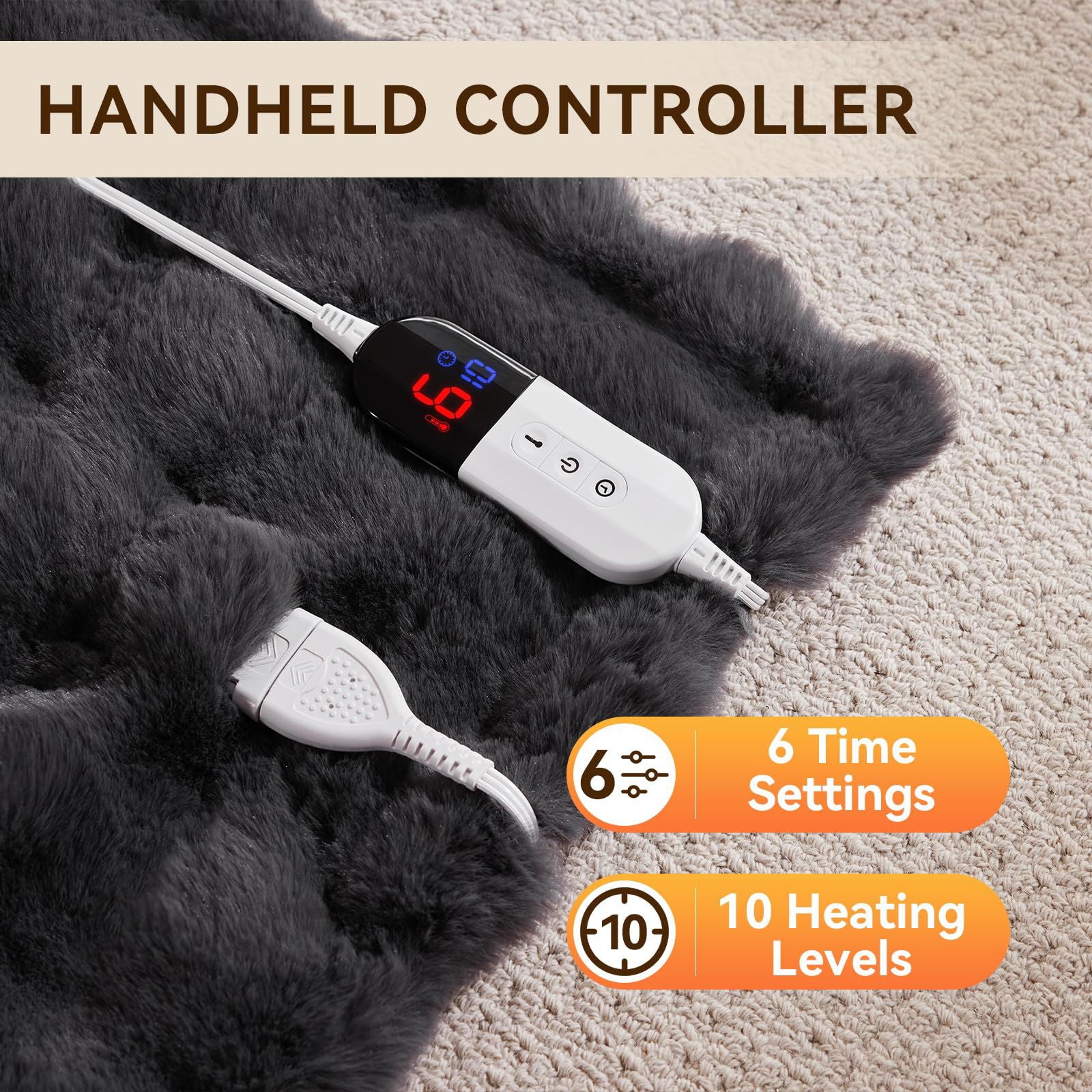 Heated Blanket Throw with 4 Hours Auto-Off 6 Heat Level, 50'' * 60'' Cozy Faux Rabbit Fur Bubble Electric Blanket with Overheat Protection, Soft Fast Heating Blanket with ETL (Dark Grey) - Grand Goldman