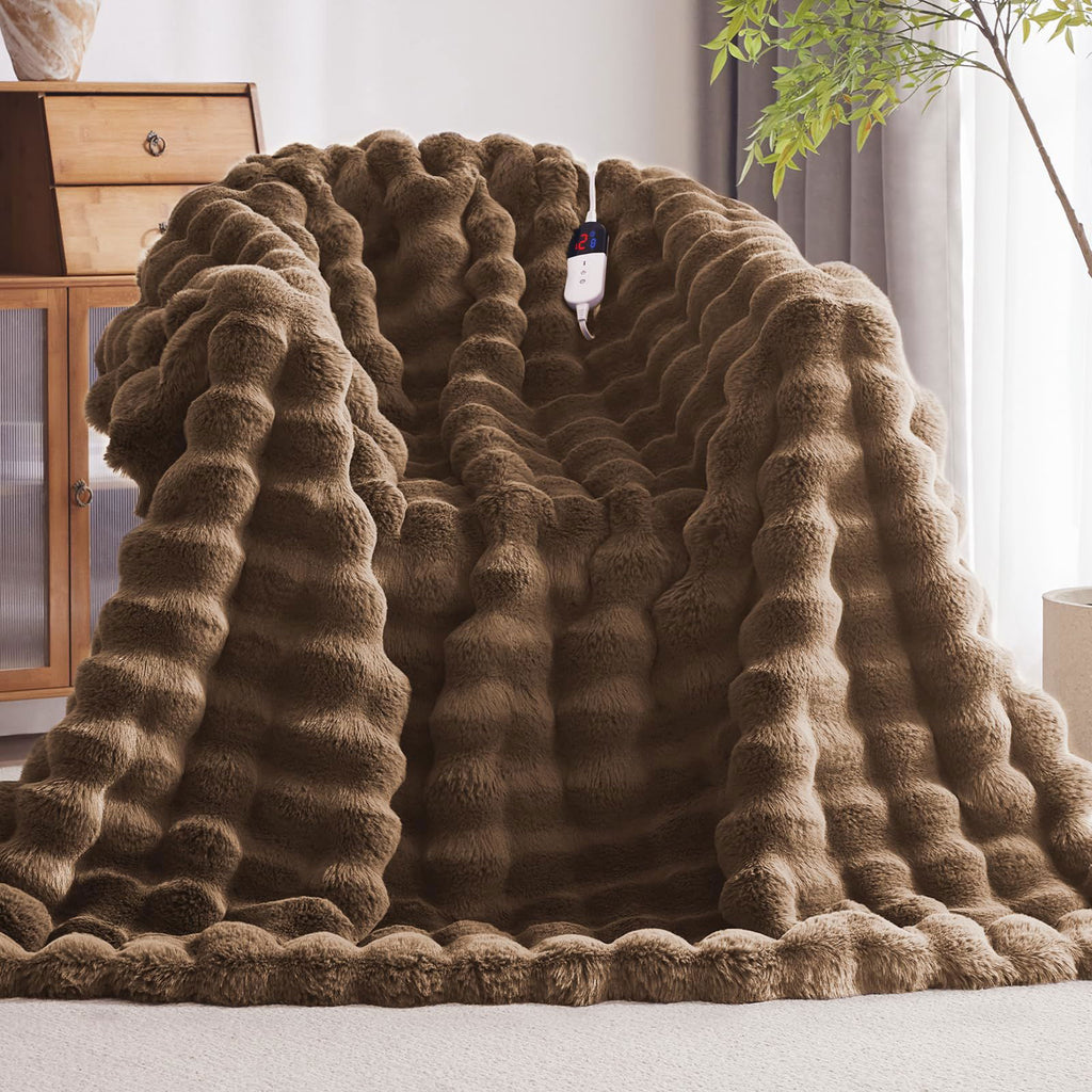 Heated Blanket Throw with 4 Hours Auto-Off 6 Heat Level, 50'' * 60'' Cozy Faux Rabbit Fur Bubble Electric Blanket with Overheat Protection, Soft Fast Heating Blanket with ETL (Dark Grey) - Grand Goldman