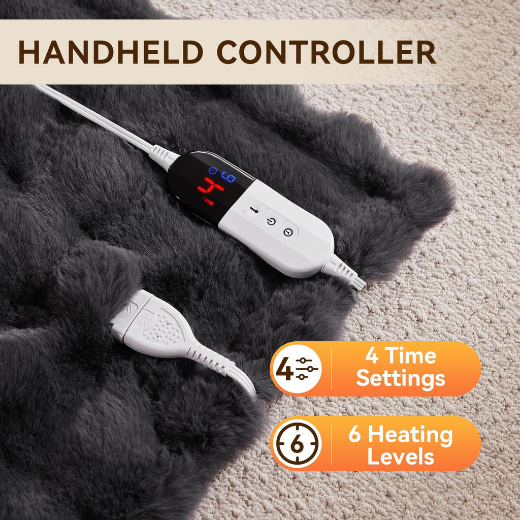 Heated Blanket Throw with 4 Hours Auto-Off 6 Heat Level, 50'' * 60'' Cozy Faux Rabbit Fur Bubble Electric Blanket with Overheat Protection, Soft Fast Heating Blanket with ETL (Dark Grey) - Grand Goldman