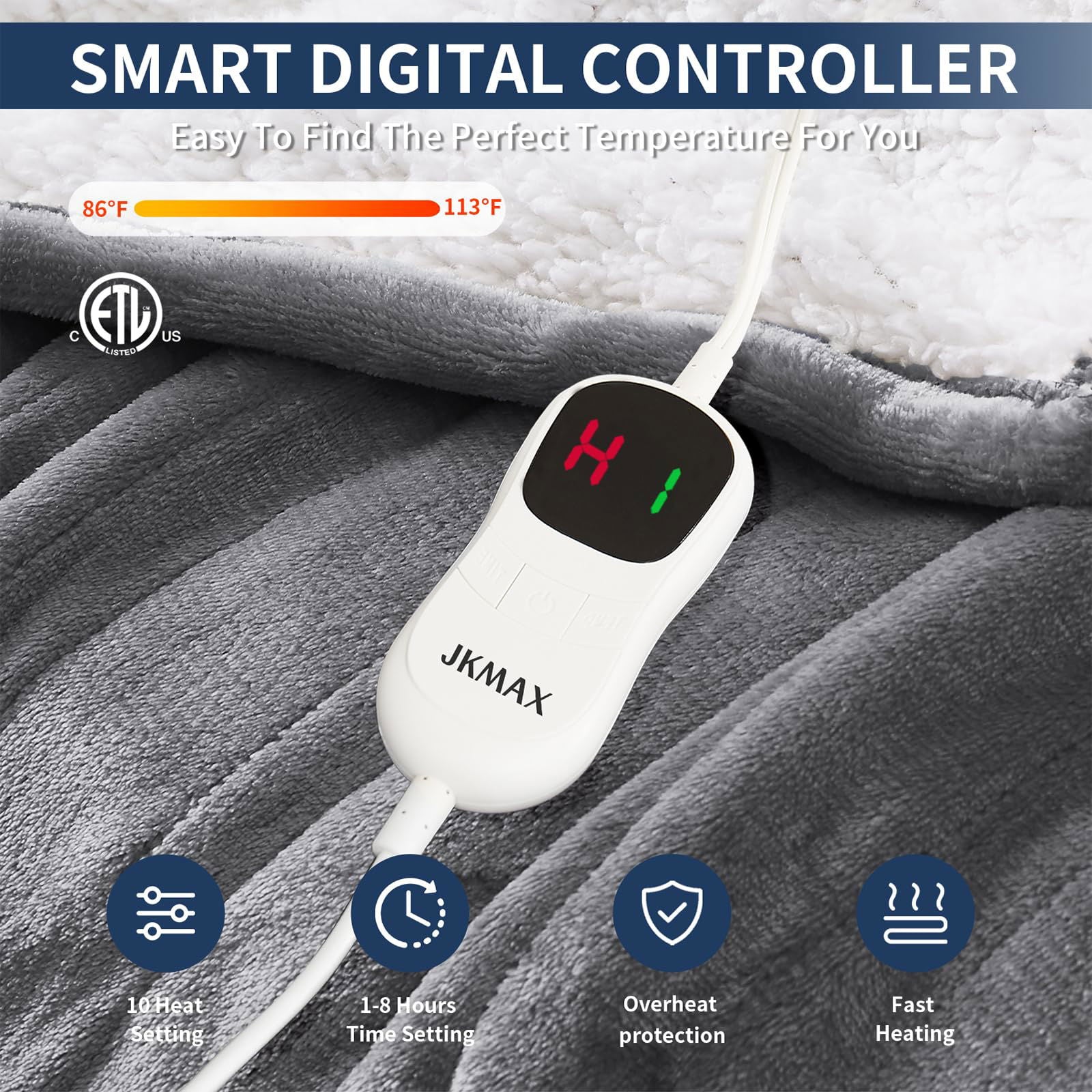 Heated Electric Blanket Blanket - Electric Throw Blanket 72"x84" for Bed- Heated Blanket with 5 Heating Levels& 4 Hours Auto off for Couch Home Office - Soft Fleece Heating Blanket for Full Body(Grey) - Grand Goldman