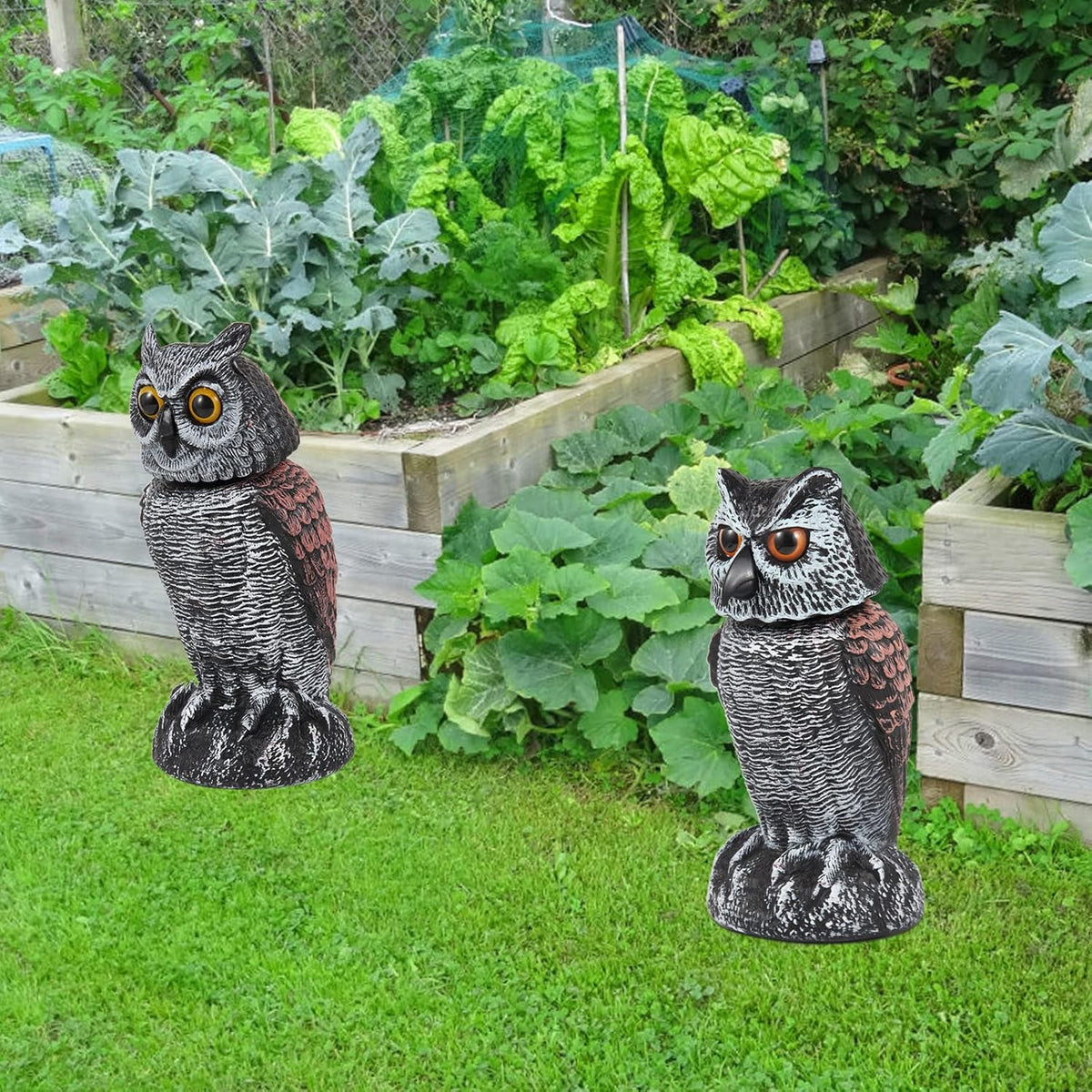 Hedoc 2 Pack Fake Owl Decoys to Scare Birds Away from Gardens and Patios, Rotating Head Owl Bird Deterrents, Nature Enemy Scarecrow Plastic Owl Statues, Pest Repellent, Pigeon Deterrent - Grand Goldman