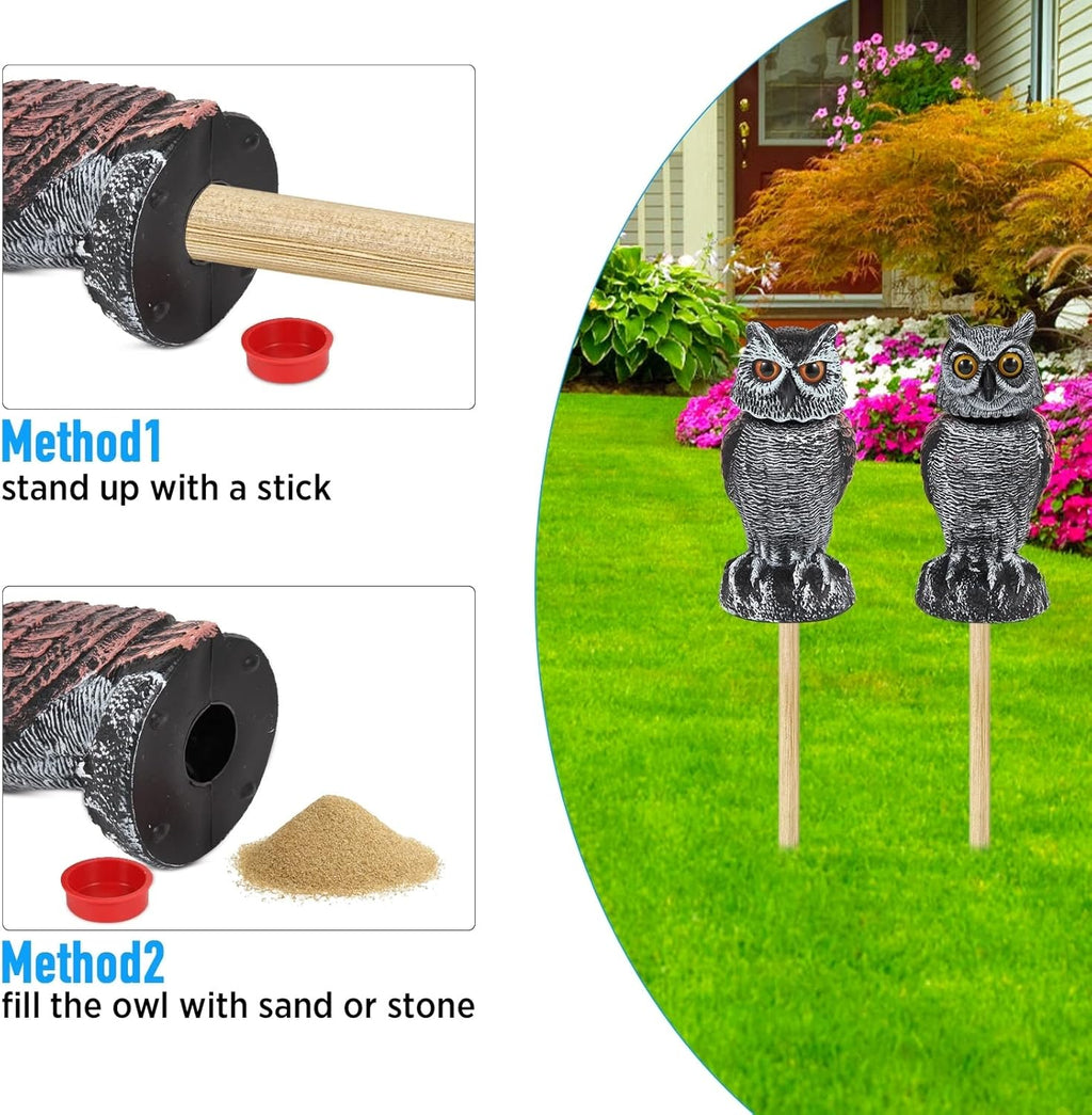 Hedoc 2 Pack Fake Owl Decoys to Scare Birds Away from Gardens and Patios, Rotating Head Owl Bird Deterrents, Nature Enemy Scarecrow Plastic Owl Statues, Pest Repellent, Pigeon Deterrent - Grand Goldman