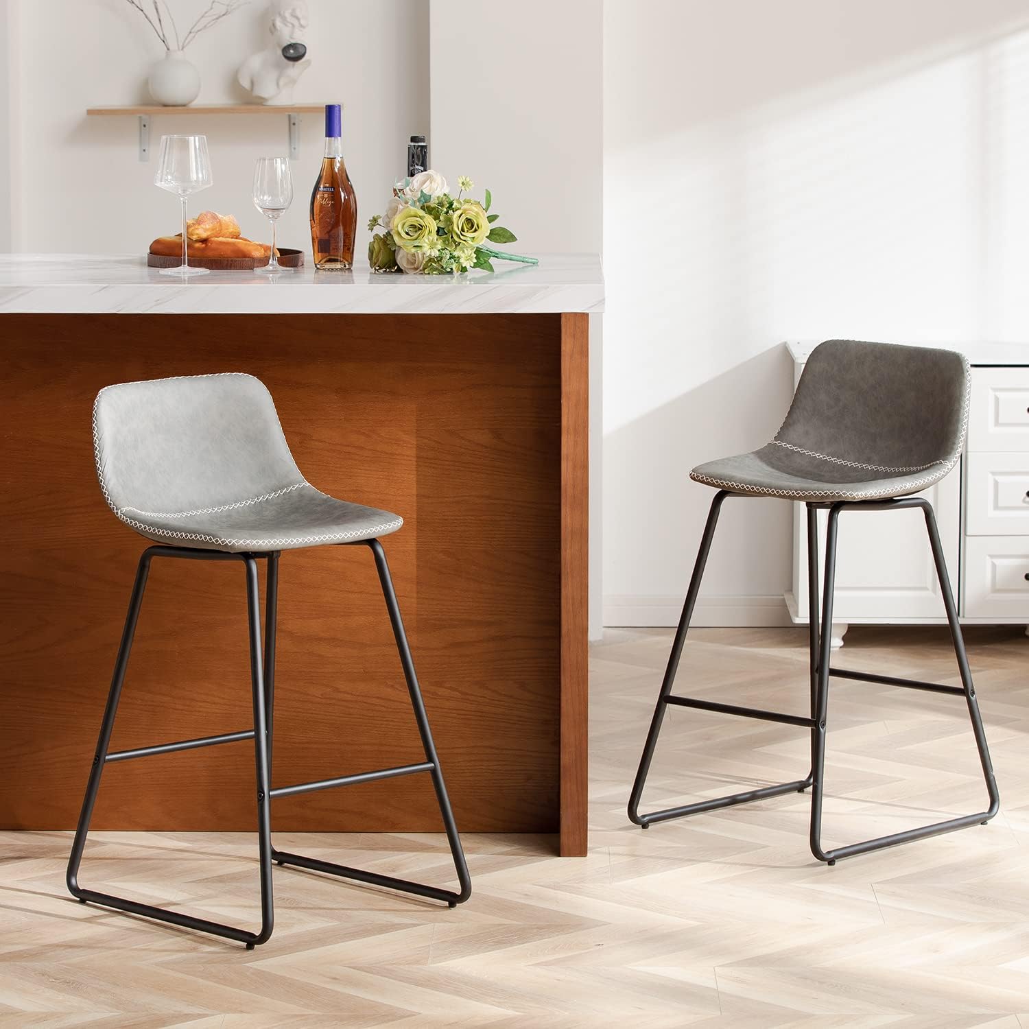 HeuGah Green Bar Stools Set of 3, 26 Inch Barstools with Metal Legs Faux Leather Counter Height Bar Stools for Kitchen Island Modern Bar Seats Chairs with Backrest - Grand Goldman