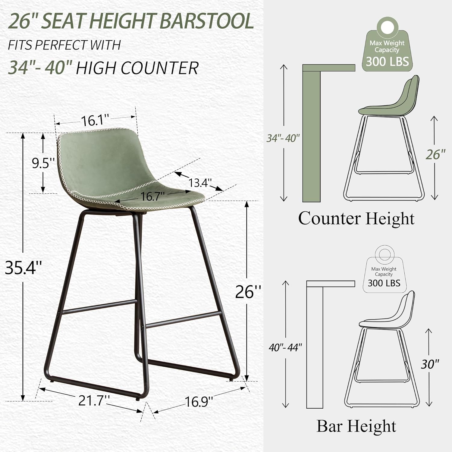 HeuGah Green Bar Stools Set of 3, 26 Inch Barstools with Metal Legs Faux Leather Counter Height Bar Stools for Kitchen Island Modern Bar Seats Chairs with Backrest - Grand Goldman