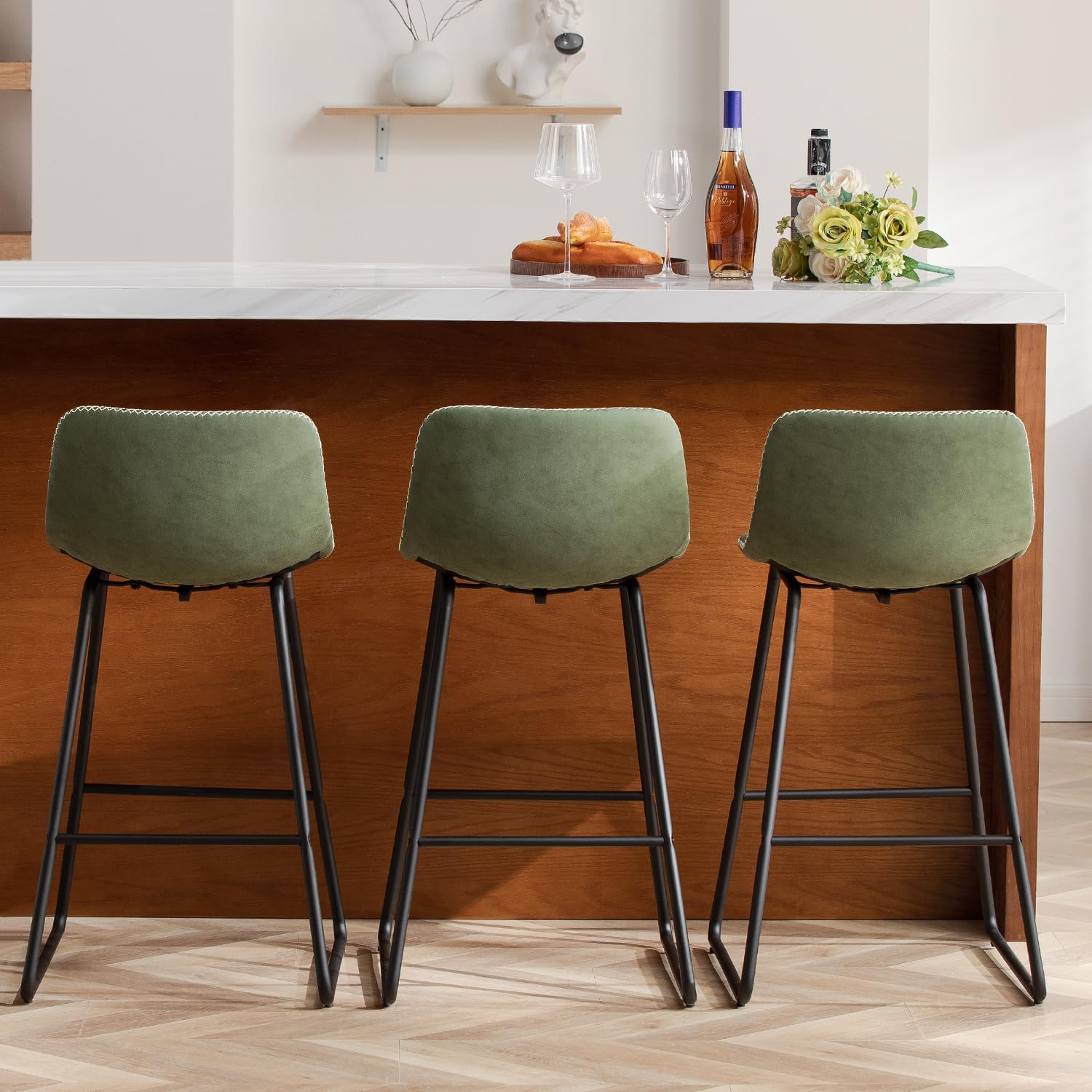 HeuGah Green Bar Stools Set of 3, 26 Inch Barstools with Metal Legs Faux Leather Counter Height Bar Stools for Kitchen Island Modern Bar Seats Chairs with Backrest - Grand Goldman