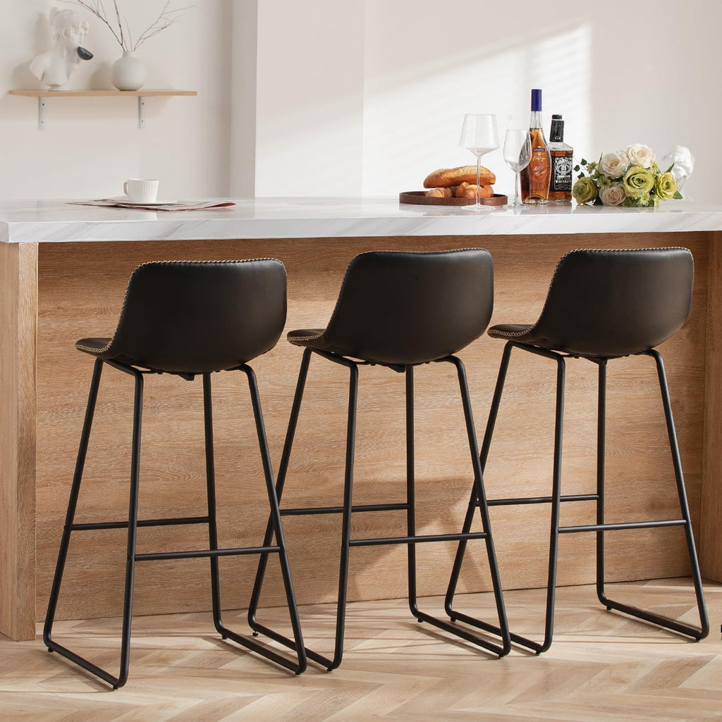 HeuGah Green Bar Stools Set of 3, 26 Inch Barstools with Metal Legs Faux Leather Counter Height Bar Stools for Kitchen Island Modern Bar Seats Chairs with Backrest - Grand Goldman