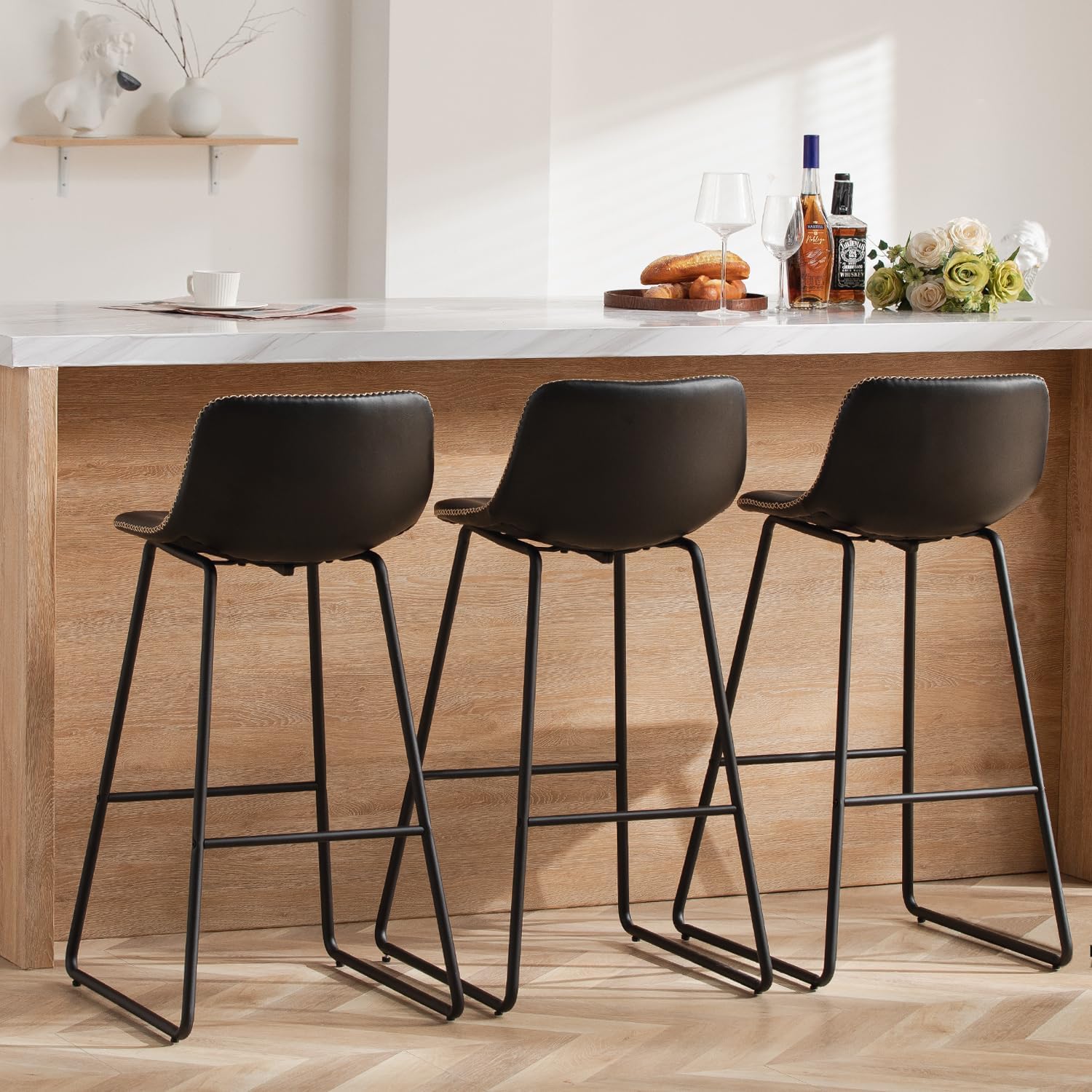 HeuGah Green Bar Stools Set of 3, 26 Inch Barstools with Metal Legs Faux Leather Counter Height Bar Stools for Kitchen Island Modern Bar Seats Chairs with Backrest - Grand Goldman