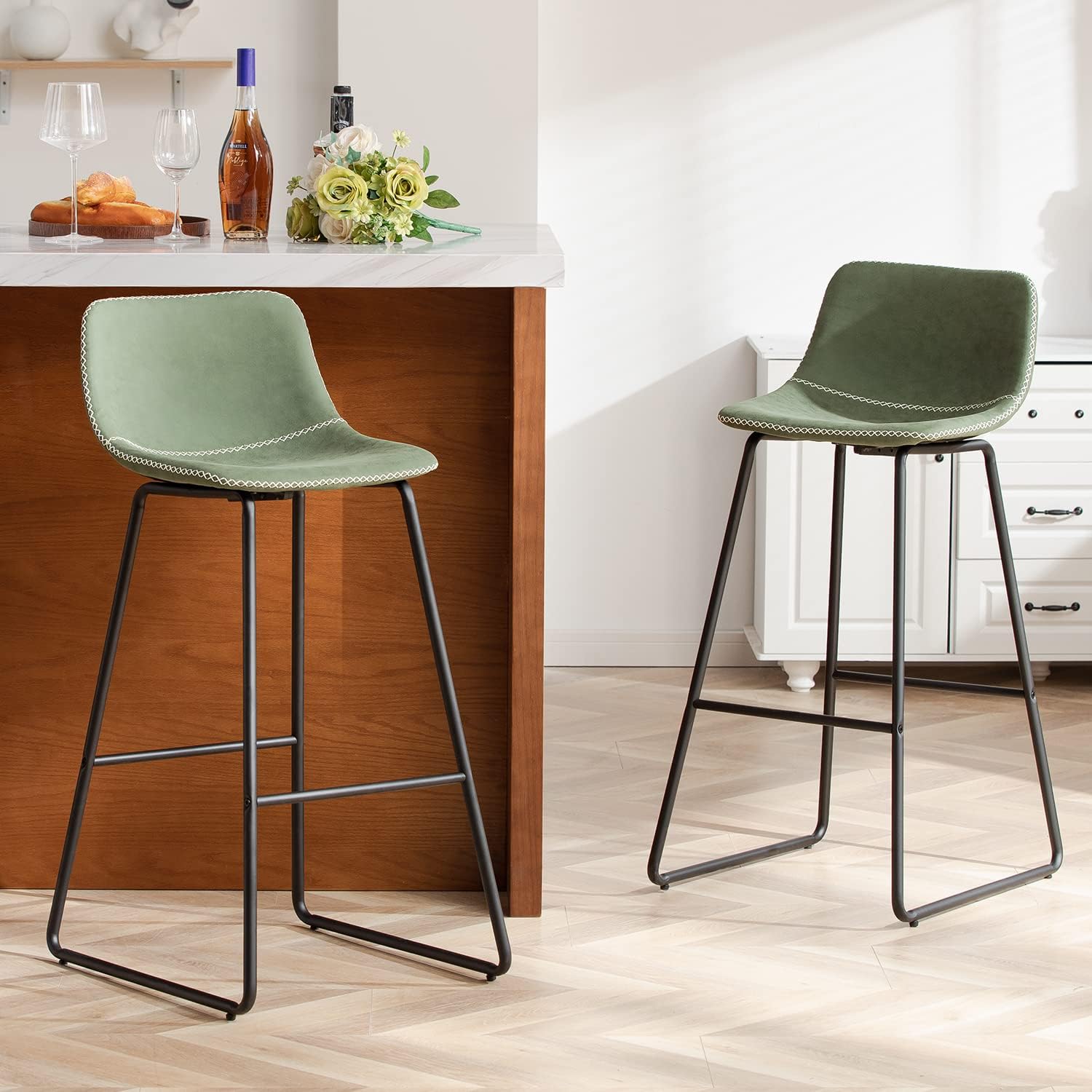 HeuGah Green Bar Stools Set of 3, 26 Inch Barstools with Metal Legs Faux Leather Counter Height Bar Stools for Kitchen Island Modern Bar Seats Chairs with Backrest - Grand Goldman