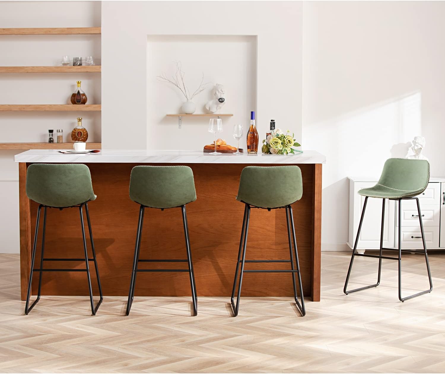 HeuGah Green Bar Stools Set of 3, 26 Inch Barstools with Metal Legs Faux Leather Counter Height Bar Stools for Kitchen Island Modern Bar Seats Chairs with Backrest - Grand Goldman