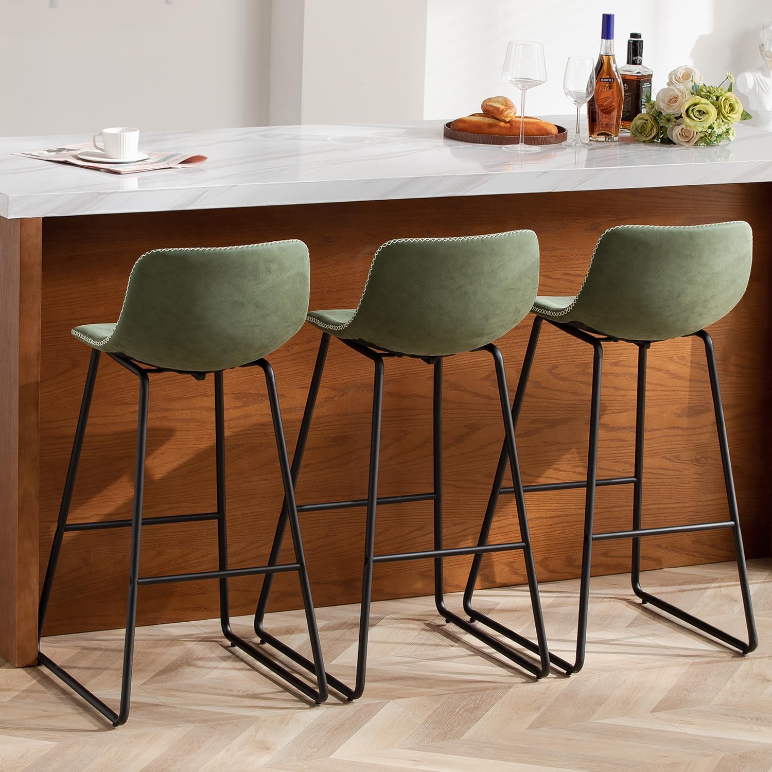 HeuGah Green Bar Stools Set of 3, 26 Inch Barstools with Metal Legs Faux Leather Counter Height Bar Stools for Kitchen Island Modern Bar Seats Chairs with Backrest - Grand Goldman