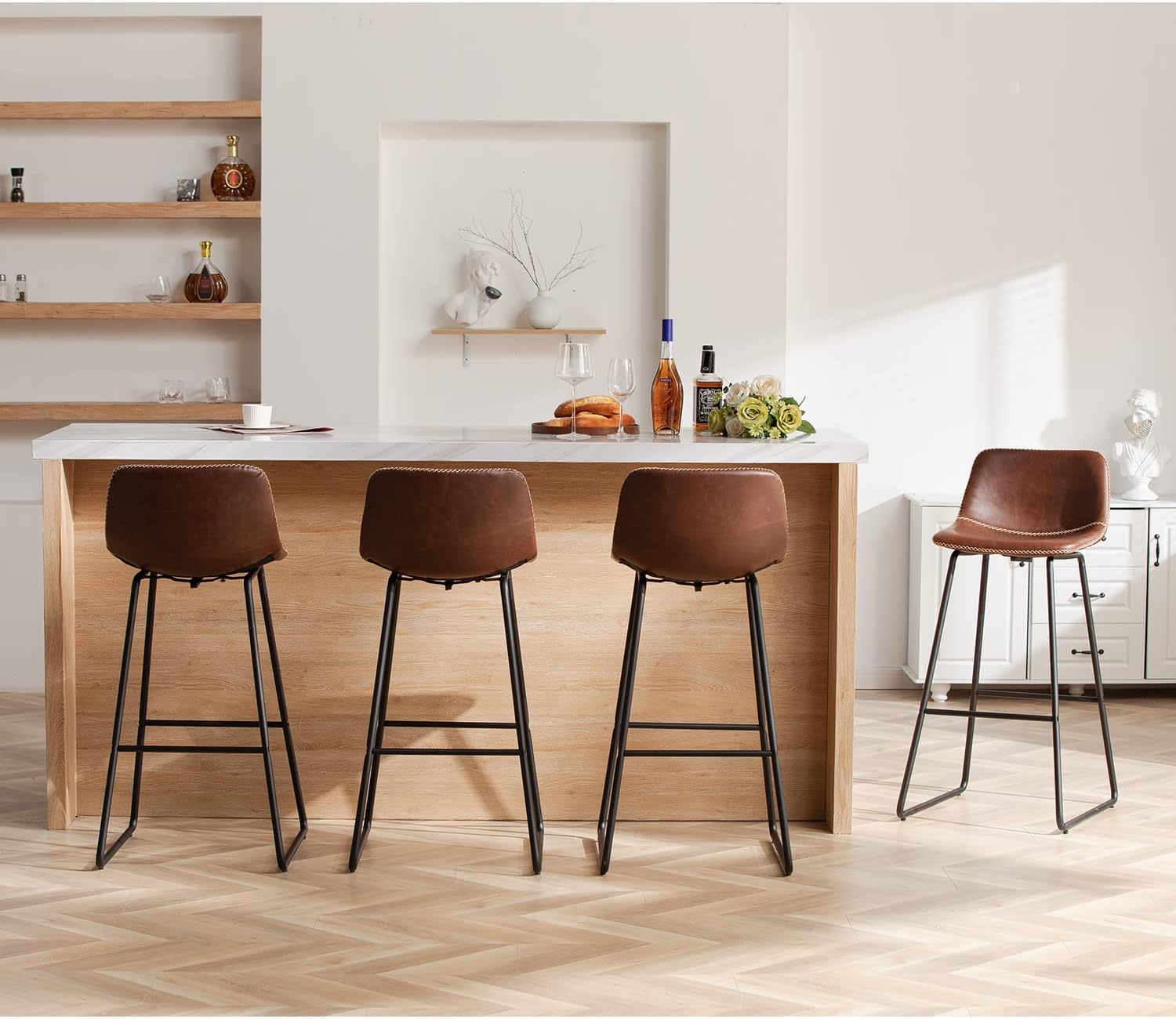 HeuGah Green Bar Stools Set of 3, 26 Inch Barstools with Metal Legs Faux Leather Counter Height Bar Stools for Kitchen Island Modern Bar Seats Chairs with Backrest - Grand Goldman