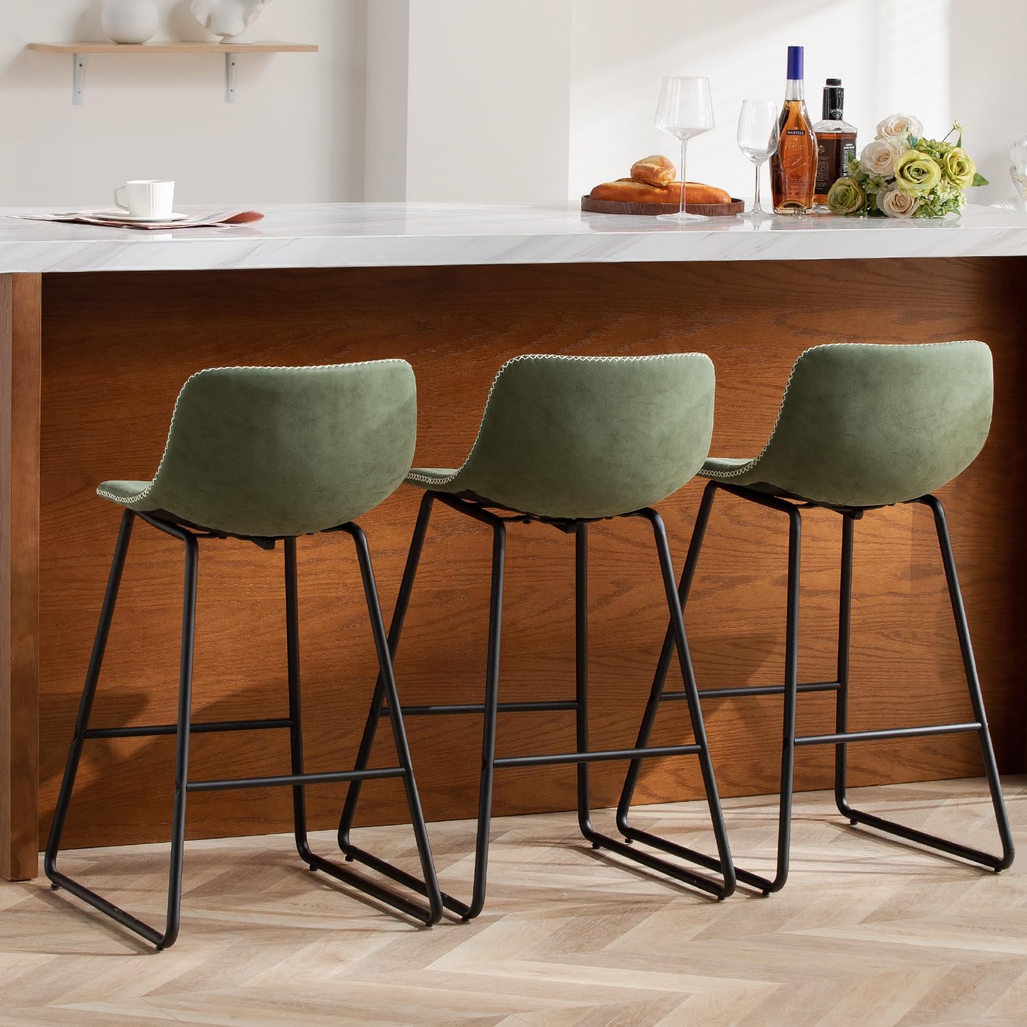 HeuGah Green Bar Stools Set of 3, 26 Inch Barstools with Metal Legs Faux Leather Counter Height Bar Stools for Kitchen Island Modern Bar Seats Chairs with Backrest - Grand Goldman