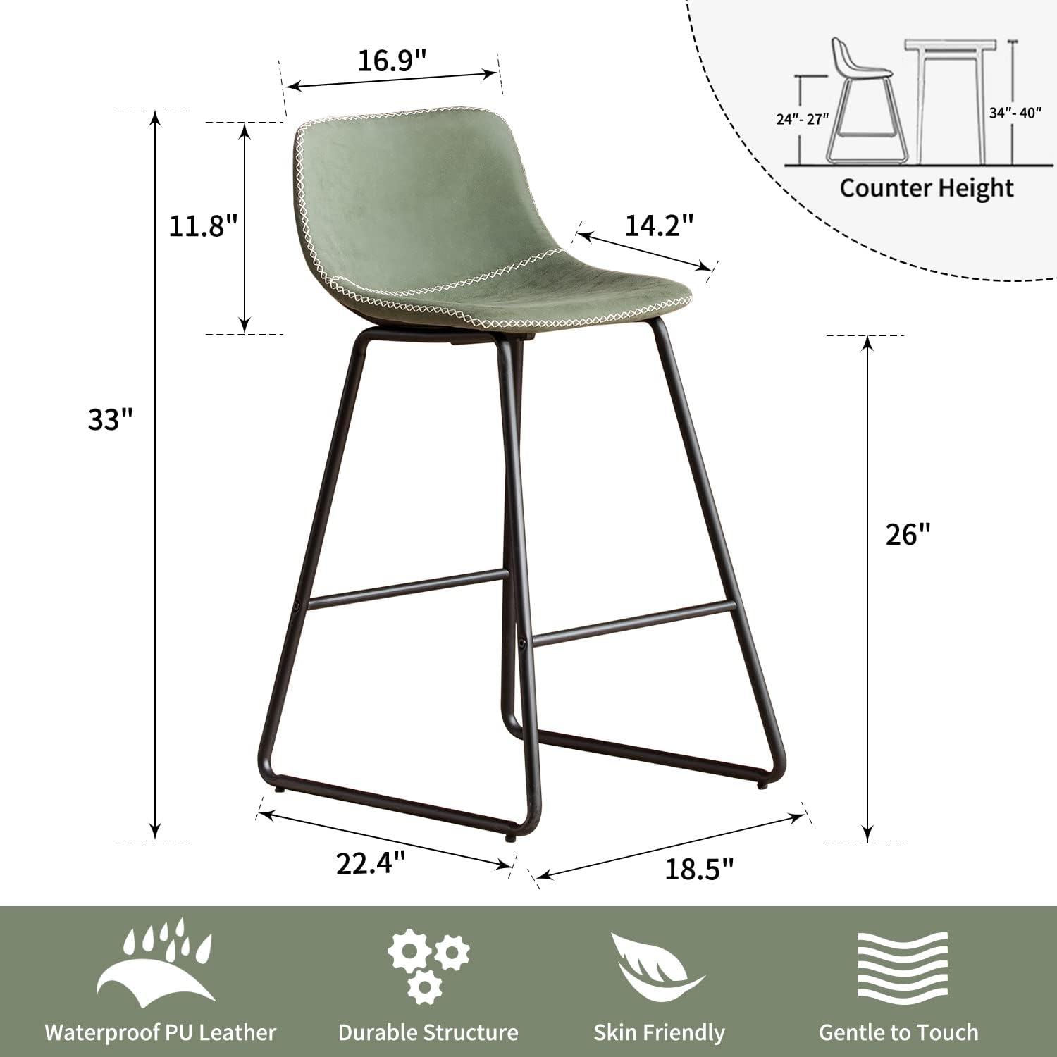HeuGah Green Bar Stools Set of 3, 26 Inch Barstools with Metal Legs Faux Leather Counter Height Bar Stools for Kitchen Island Modern Bar Seats Chairs with Backrest - Grand Goldman