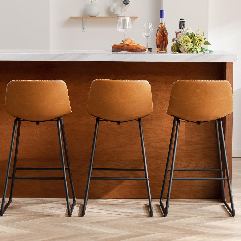 HeuGah Green Bar Stools Set of 3, 26 Inch Barstools with Metal Legs Faux Leather Counter Height Bar Stools for Kitchen Island Modern Bar Seats Chairs with Backrest - Grand Goldman