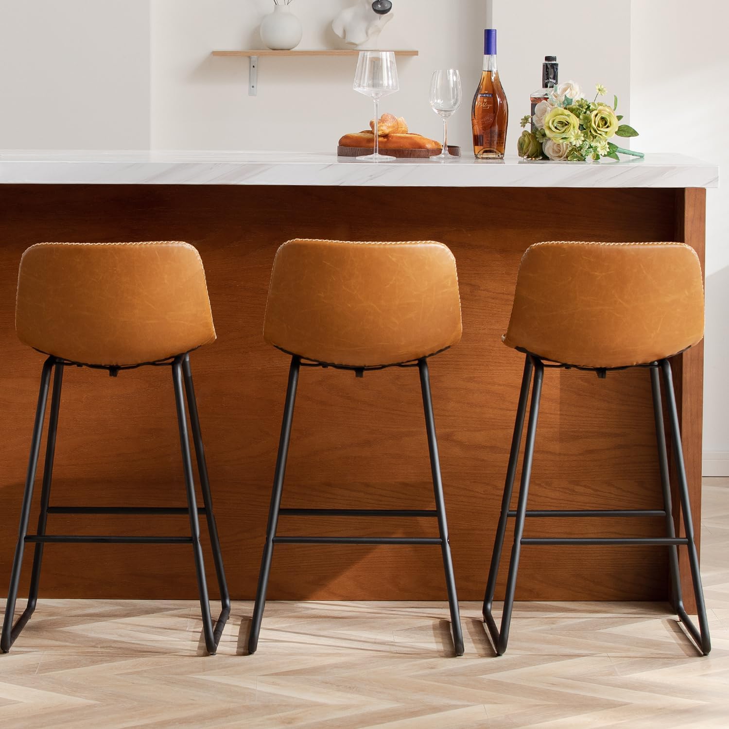 HeuGah Green Bar Stools Set of 3, 26 Inch Barstools with Metal Legs Faux Leather Counter Height Bar Stools for Kitchen Island Modern Bar Seats Chairs with Backrest - Grand Goldman